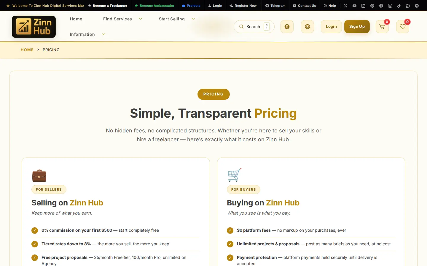 zinnhub.com/pricing — domovská stránka, zachyceno